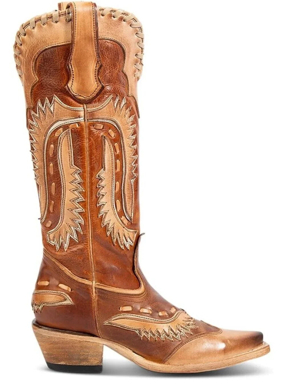 Women's Brown Swallow Floral Embroidered  Chunky Low Heels Western Cowboy Knee